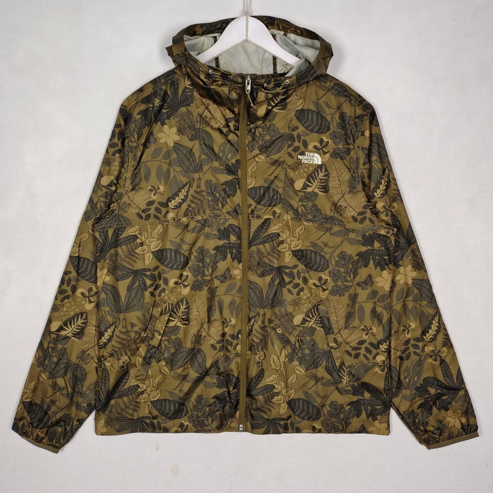 The North Face Mens Large Floral Botanical Print Hooded Windbreaker Jacket Olive